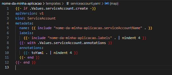 Exemplo de arquivo Yaml para ServiceAccount com comandos característicos do Helm