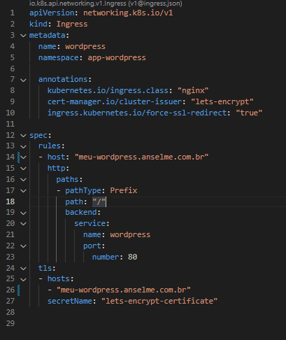 Arquivo Yaml de configuração de um Ingress para o Kubernetes utilizando o Nginx ingress