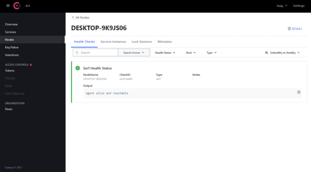 Tela que exibe o site do HashiCorp Consul. Nela é possível ver o healthcheck indicando que um nodo está ok.