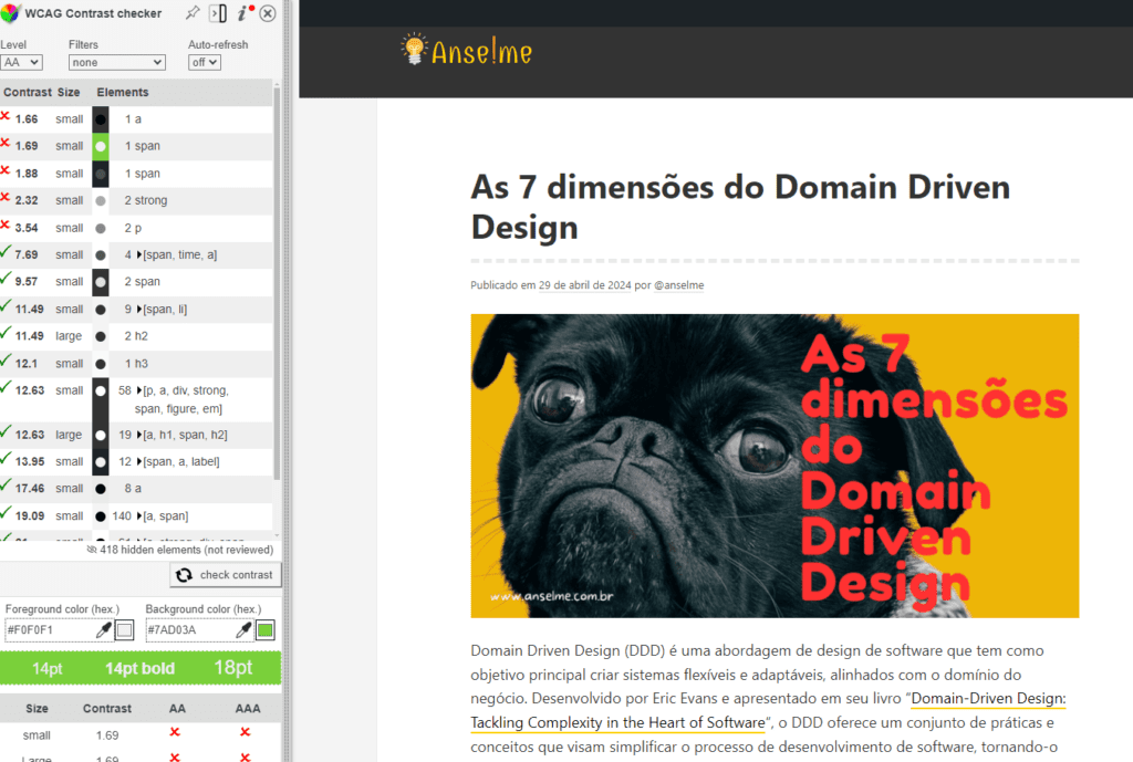 Acessibilidade Web: Uso da ferramenta WCAG Contrast Checker para analisar um site e descobrir problemas visuais relacionados às cores para o nível AA e AAA da WCAG