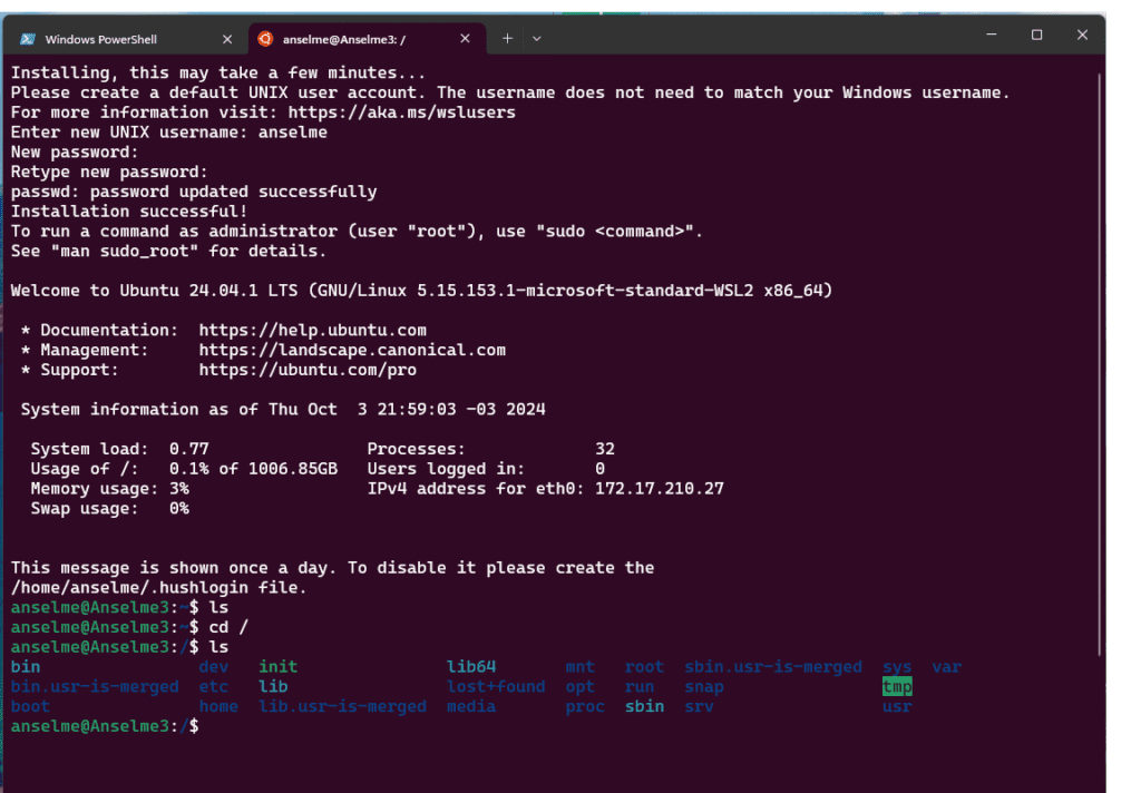 Tela do Windows Terminal mostrando o Ubuntu Linux instalado no Windows 11