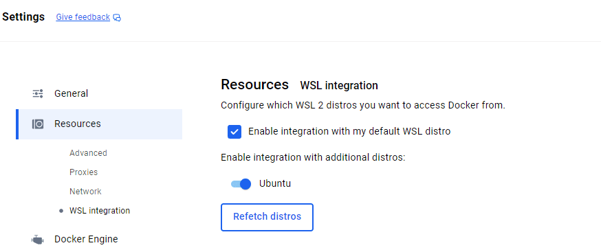 Tela de configuração do Docker para integração com o WSL