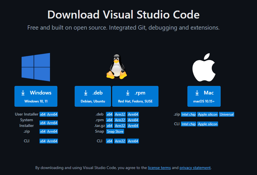 Tela do link https://code.visualstudio.com/Download onde é possível fazer download do VSCode para Windows, Linux ou Mac.