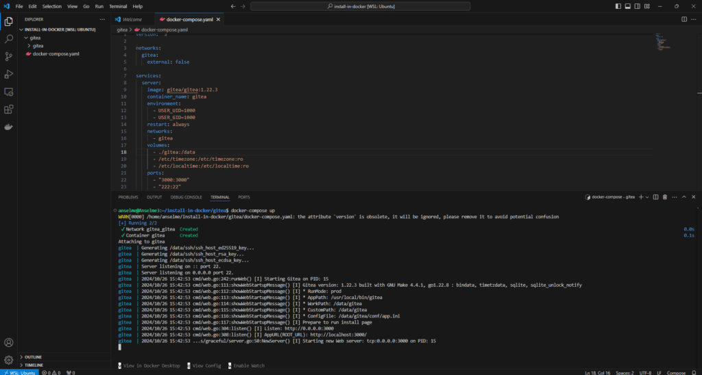 Tela do VSCode executando o docker-compose para criar containers do Gitea