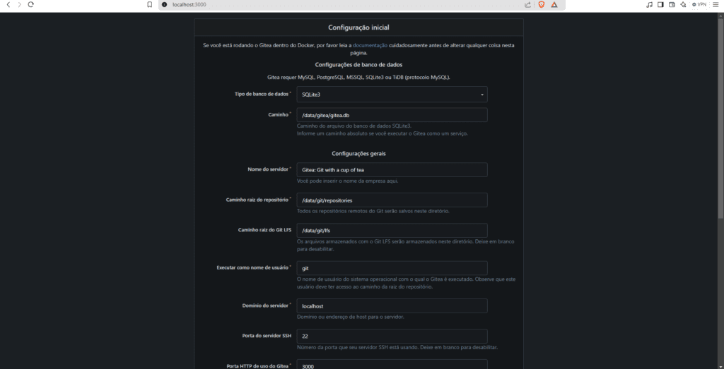 Tela incial de configuração do Gitea