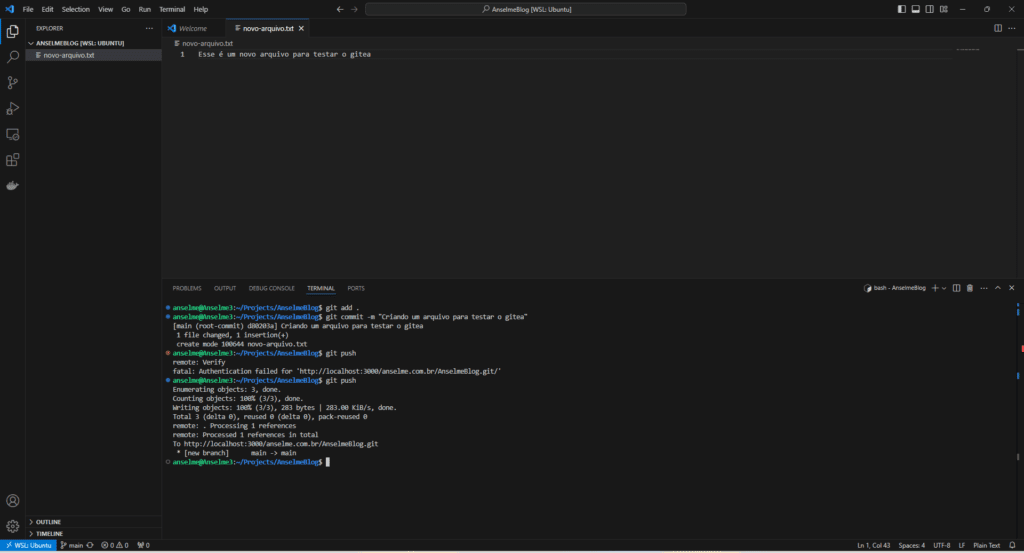 Tela do VSCode onde faço commit e push para um repositório do gitea