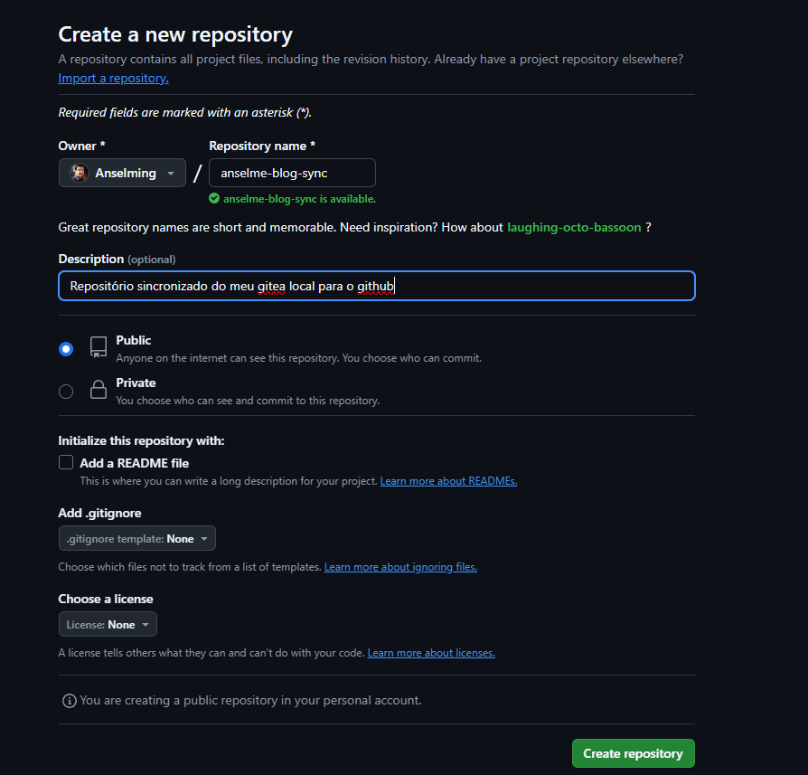 Tela de criação de um novo repositório no github para sincronização