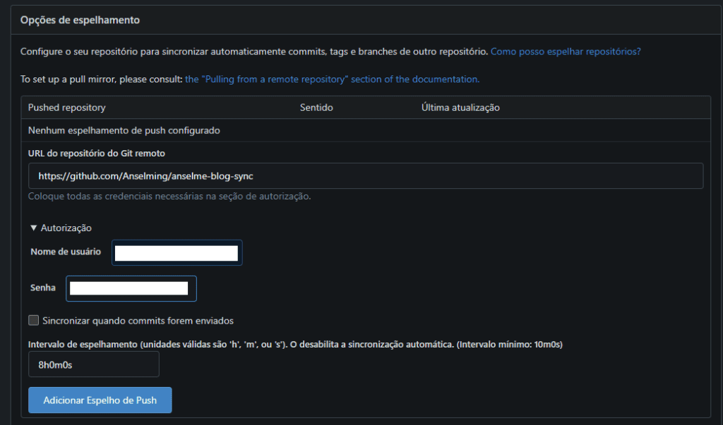 Tela de configuração do Gitea para espelhamento que possibilidade a sincronização dos arquivos do Gitea com o Github