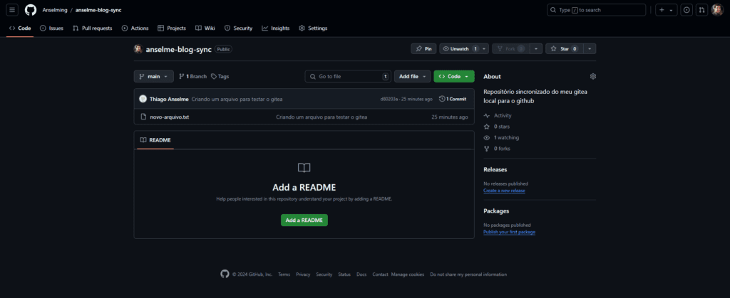 Tela do repositório do Github anselme-blog-sync que sincroniza os dados do rerpositorio AnselmeBlog do Gitea