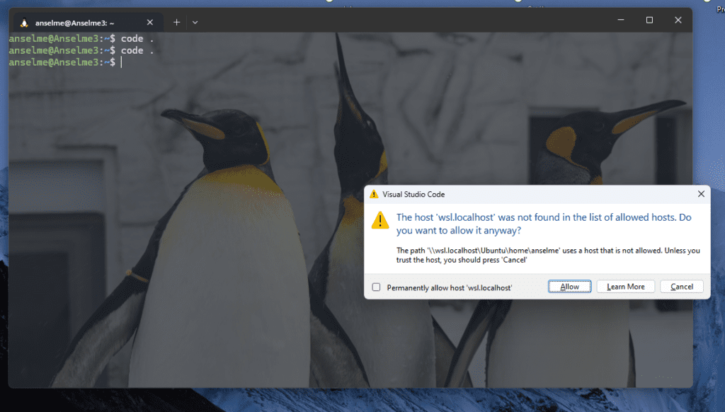 Tela do Terminal Linux no Windows com um diálogo da integração entre os sistemas operacionais.
