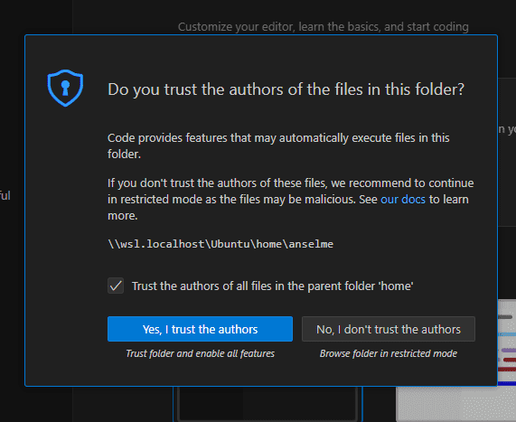 Tela do VSCode no Windows com um diálogo da integração entre os sistemas operacionais.
