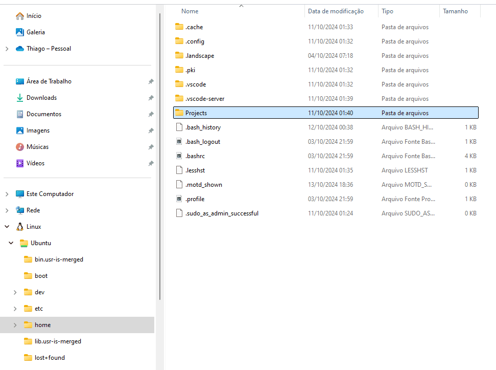 Tela do Windows Explorer mostrando seus documentos disponíveis do Linux Ubuntu diretamente no Windows.