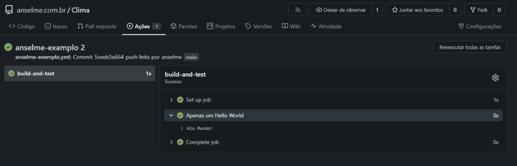 Tela de uma integração contínua ocorrendo cloudless no gitea (ferramenta semelhante ao github actions)