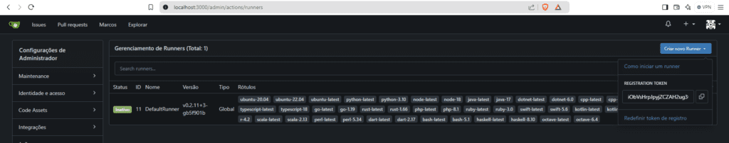 Tela com um runner instalado no gitea cloudless (ferramenta semelhante ao github)